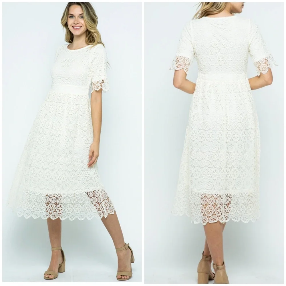 LAST 1❗️POLAGRAM White Embroidery Crochet Midi Dress - Picture 6 of 14